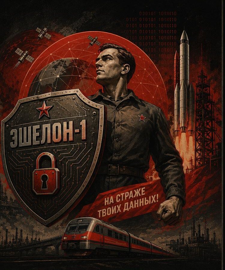 Плакат Эшелон-1: рабочий держит щит с замком, на ленте надпись «На страже твоих данных!»